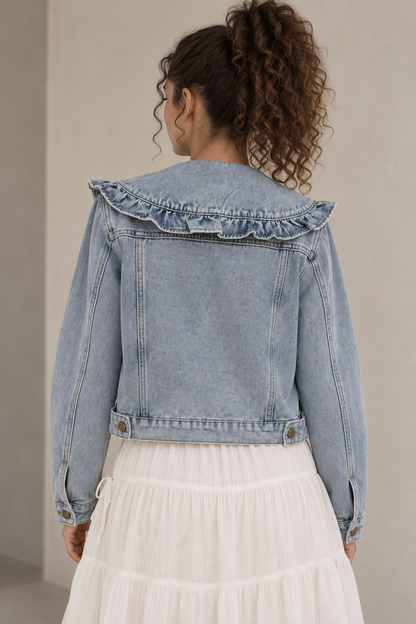 Stylish Ruffle Collar Denim Jacket