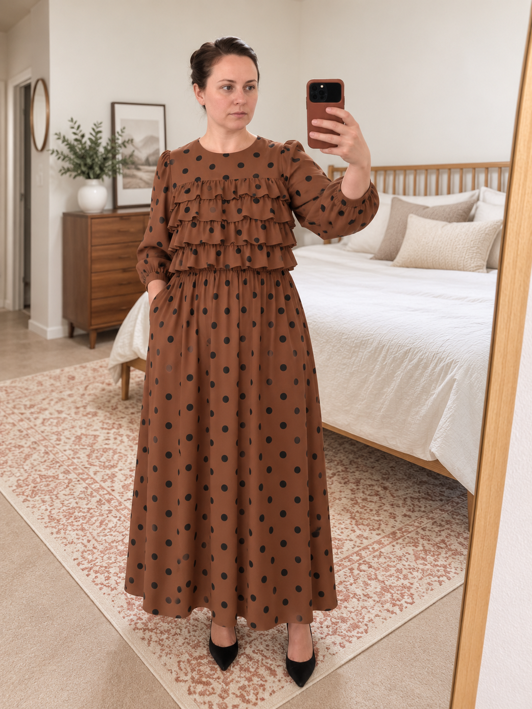 Women Polka Dot Ruffle Tiered Midi Dress
