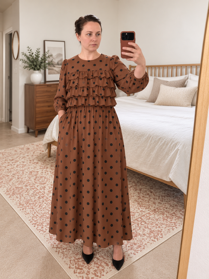 Women Polka Dot Ruffle Tiered Midi Dress
