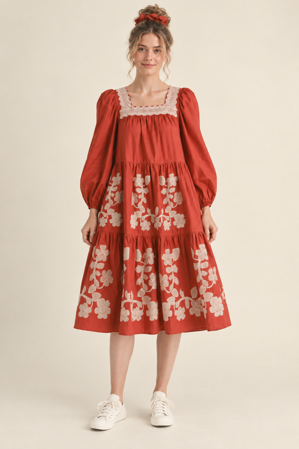 FLORAL EMBROIDERED TIERED MIDI DRESS RUST AMBER SQUARE NECK