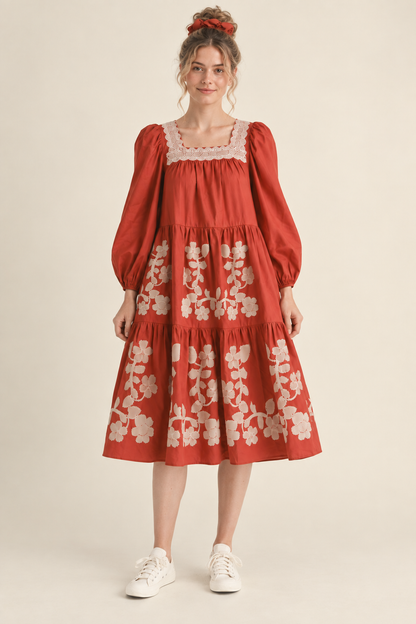 FLORAL EMBROIDERED TIERED MIDI DRESS RUST AMBER SQUARE NECK