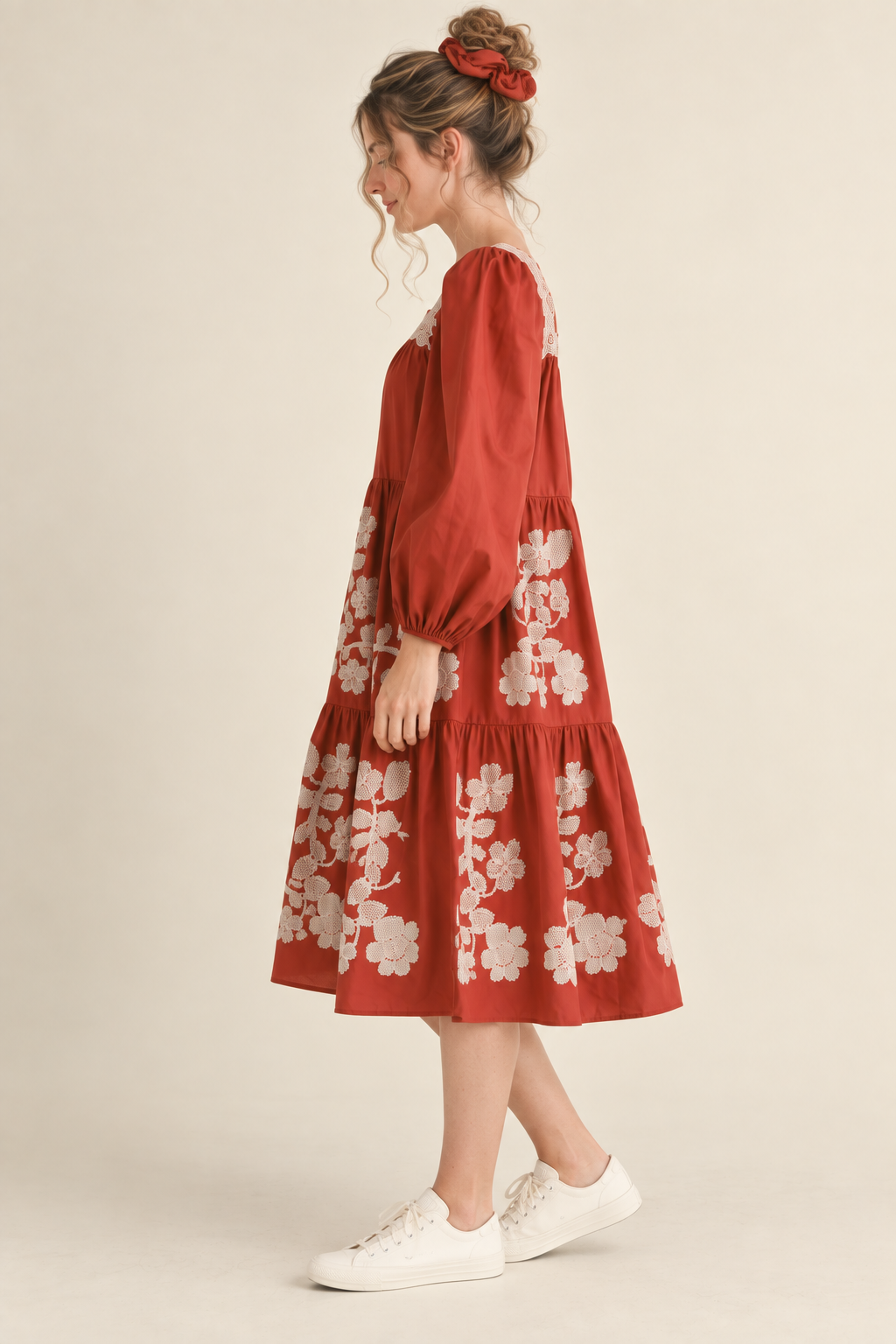 FLORAL EMBROIDERED TIERED MIDI DRESS RUST AMBER SQUARE NECK