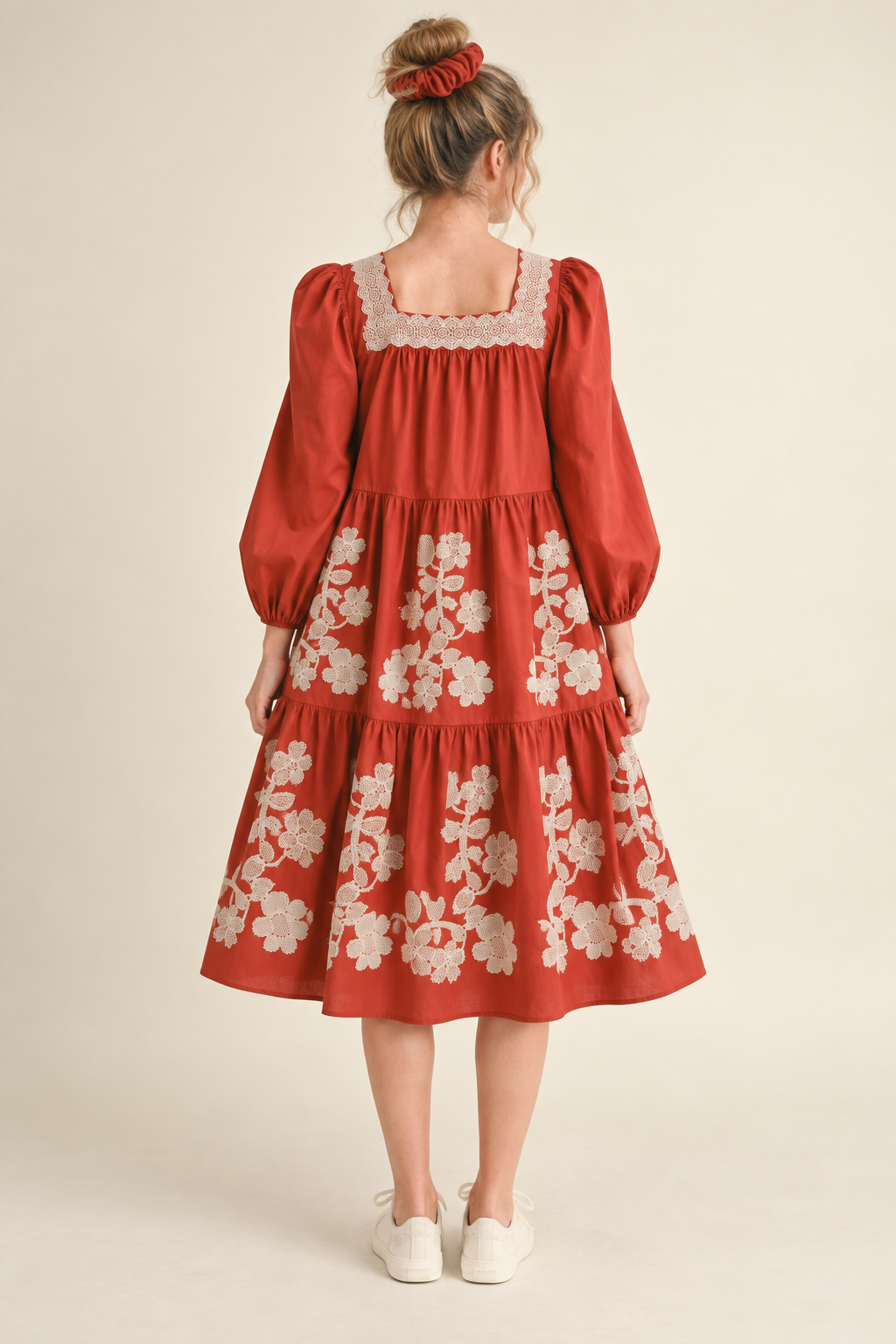 FLORAL EMBROIDERED TIERED MIDI DRESS RUST AMBER SQUARE NECK
