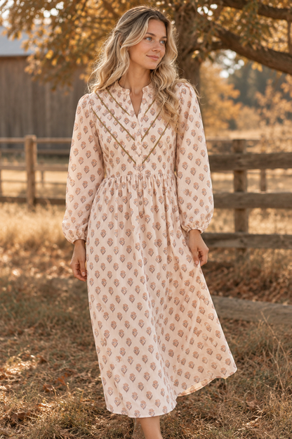 V Neck Button Down Mustard Pink Midi Dress