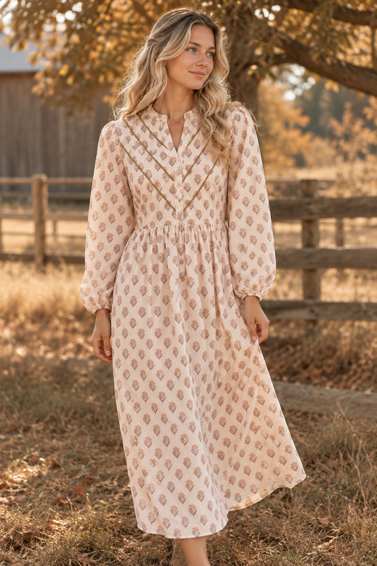 V Neck Button Down Mustard Pink Midi Dress