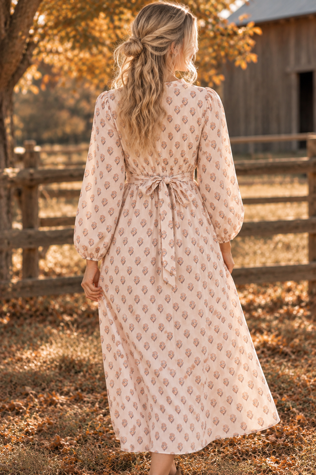 V Neck Button Down Mustard Pink Midi Dress