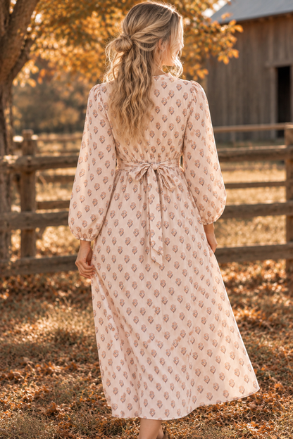V Neck Button Down Mustard Pink Midi Dress
