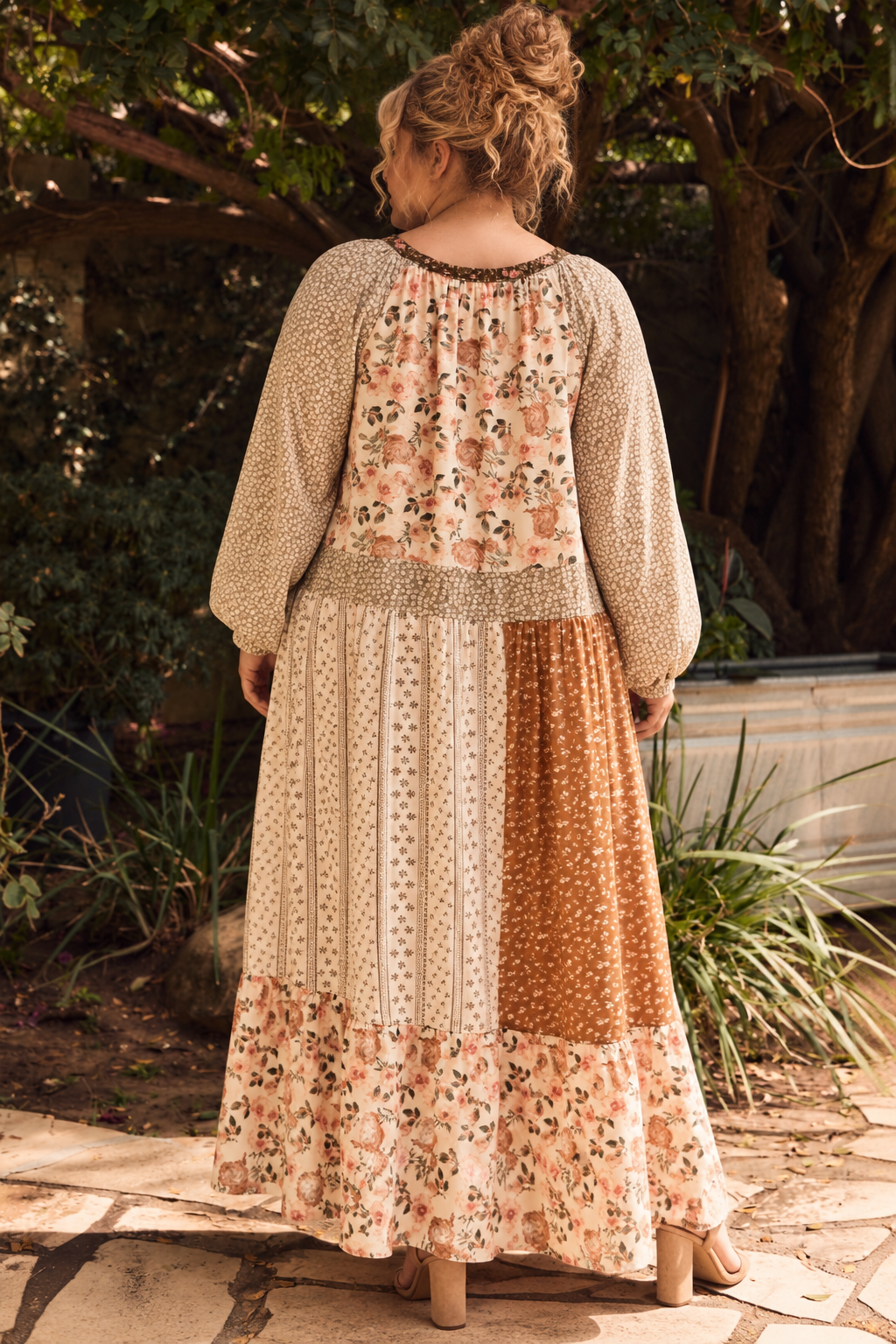 Mixed Floral Print Tiered Midi Dress