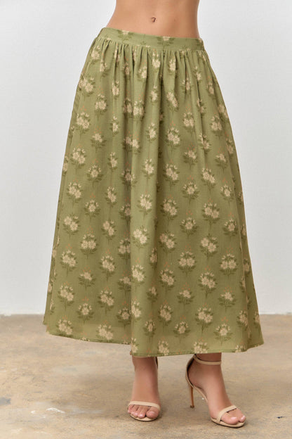 OLIVE GREEN PETER PAN FLORAL PRINT COLLARED BUTTON DOWN SHORT SLEEVE TOP SKIRT SET