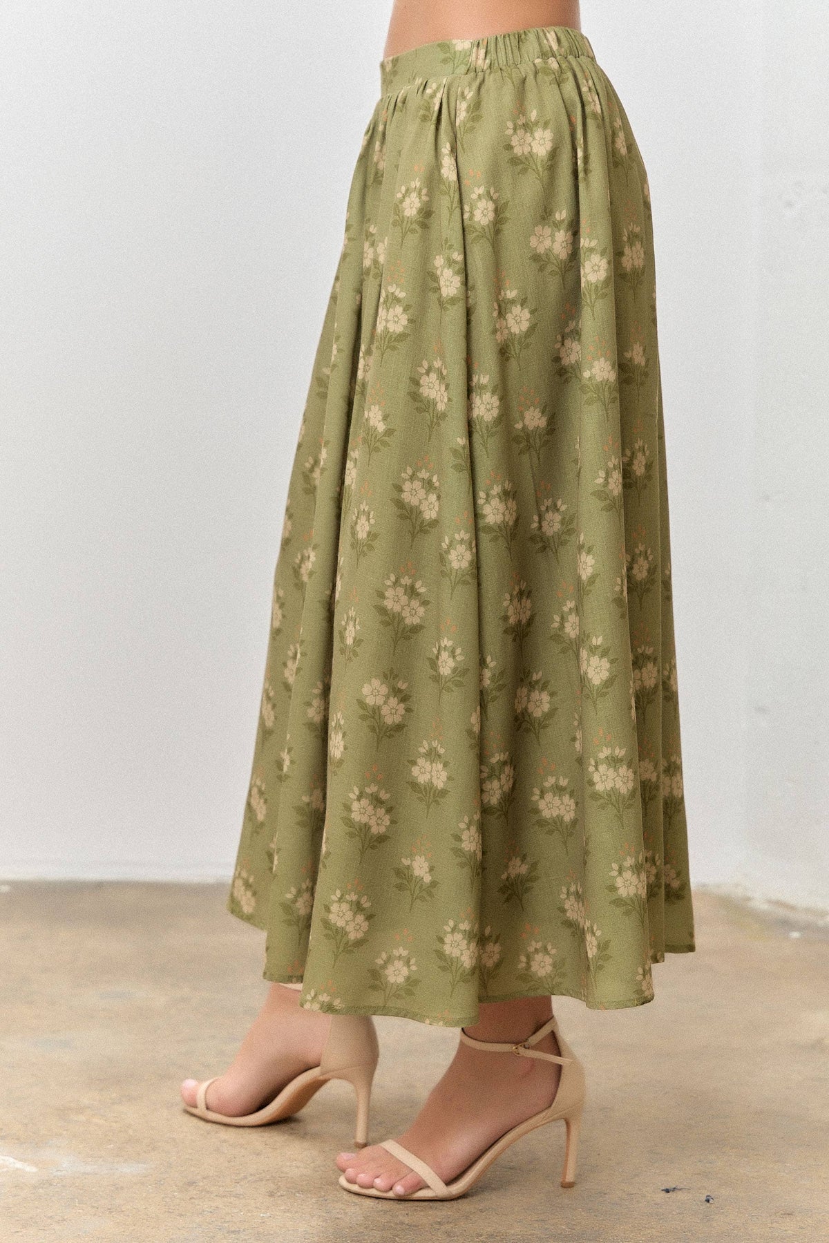 OLIVE GREEN PETER PAN FLORAL PRINT COLLARED BUTTON DOWN SHORT SLEEVE TOP SKIRT SET