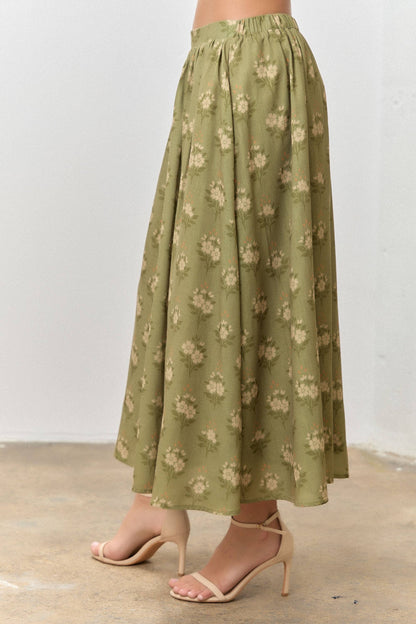 OLIVE GREEN PETER PAN FLORAL PRINT COLLARED BUTTON DOWN SHORT SLEEVE TOP SKIRT SET