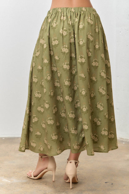 OLIVE GREEN PETER PAN FLORAL PRINT COLLARED BUTTON DOWN SHORT SLEEVE TOP SKIRT SET