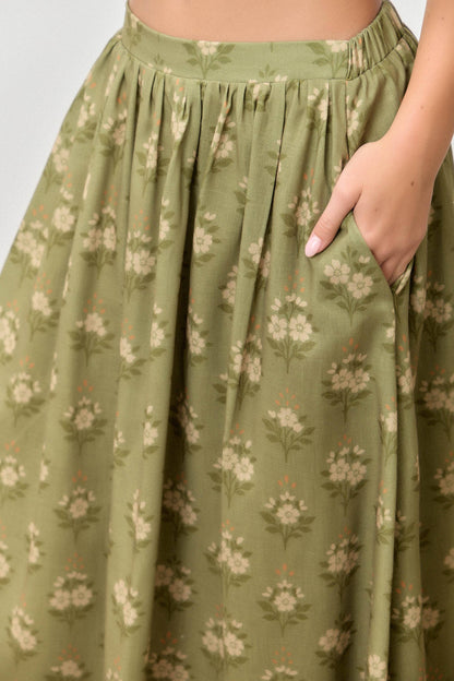 OLIVE GREEN PETER PAN FLORAL PRINT COLLARED BUTTON DOWN SHORT SLEEVE TOP SKIRT SET