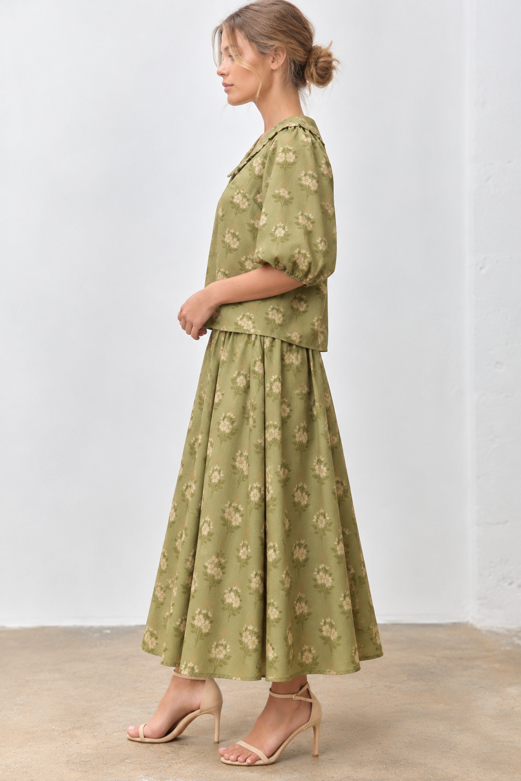 OLIVE GREEN PETER PAN FLORAL PRINT COLLARED BUTTON DOWN SHORT SLEEVE TOP SKIRT SET