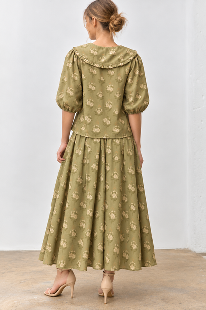 OLIVE GREEN PETER PAN FLORAL PRINT COLLARED BUTTON DOWN SHORT SLEEVE TOP SKIRT SET