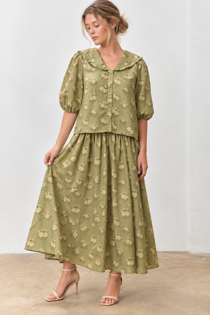 OLIVE GREEN PETER PAN FLORAL PRINT COLLARED BUTTON DOWN SHORT SLEEVE TOP SKIRT SET