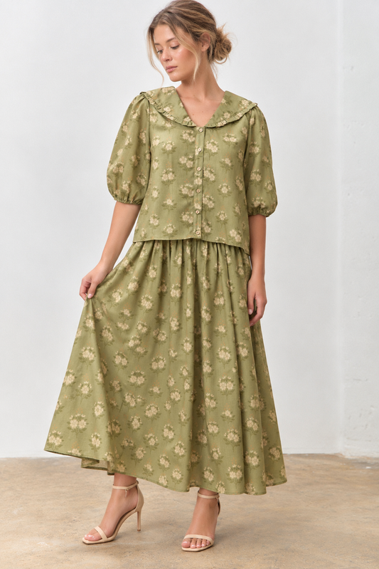 OLIVE GREEN PETER PAN FLORAL PRINT COLLARED BUTTON DOWN SHORT SLEEVE TOP SKIRT SET