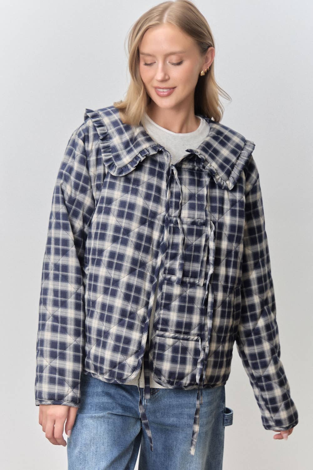 PLAID PRINT V NECK HALF SLEEVE PETER PAN COLLAR TOP SKIRT JACKET SET
