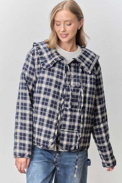 PLAID PRINT V NECK HALF SLEEVE PETER PAN COLLAR TOP SKIRT JACKET SET
