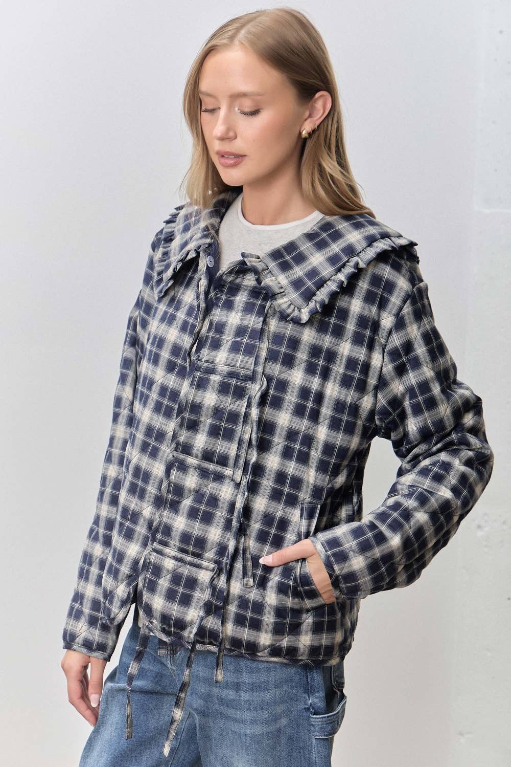 PLAID PRINT V NECK HALF SLEEVE PETER PAN COLLAR TOP SKIRT JACKET SET