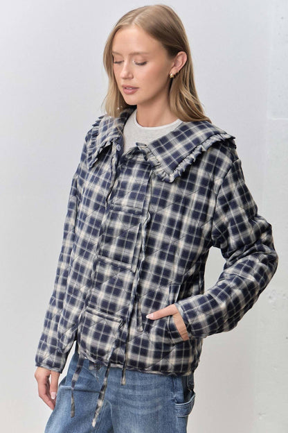 PLAID PRINT V NECK HALF SLEEVE PETER PAN COLLAR TOP SKIRT JACKET SET