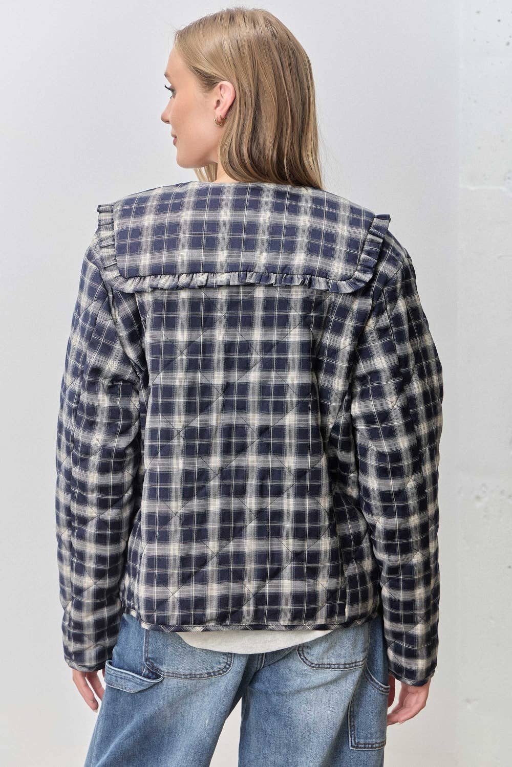 PLAID PRINT V NECK HALF SLEEVE PETER PAN COLLAR TOP SKIRT JACKET SET
