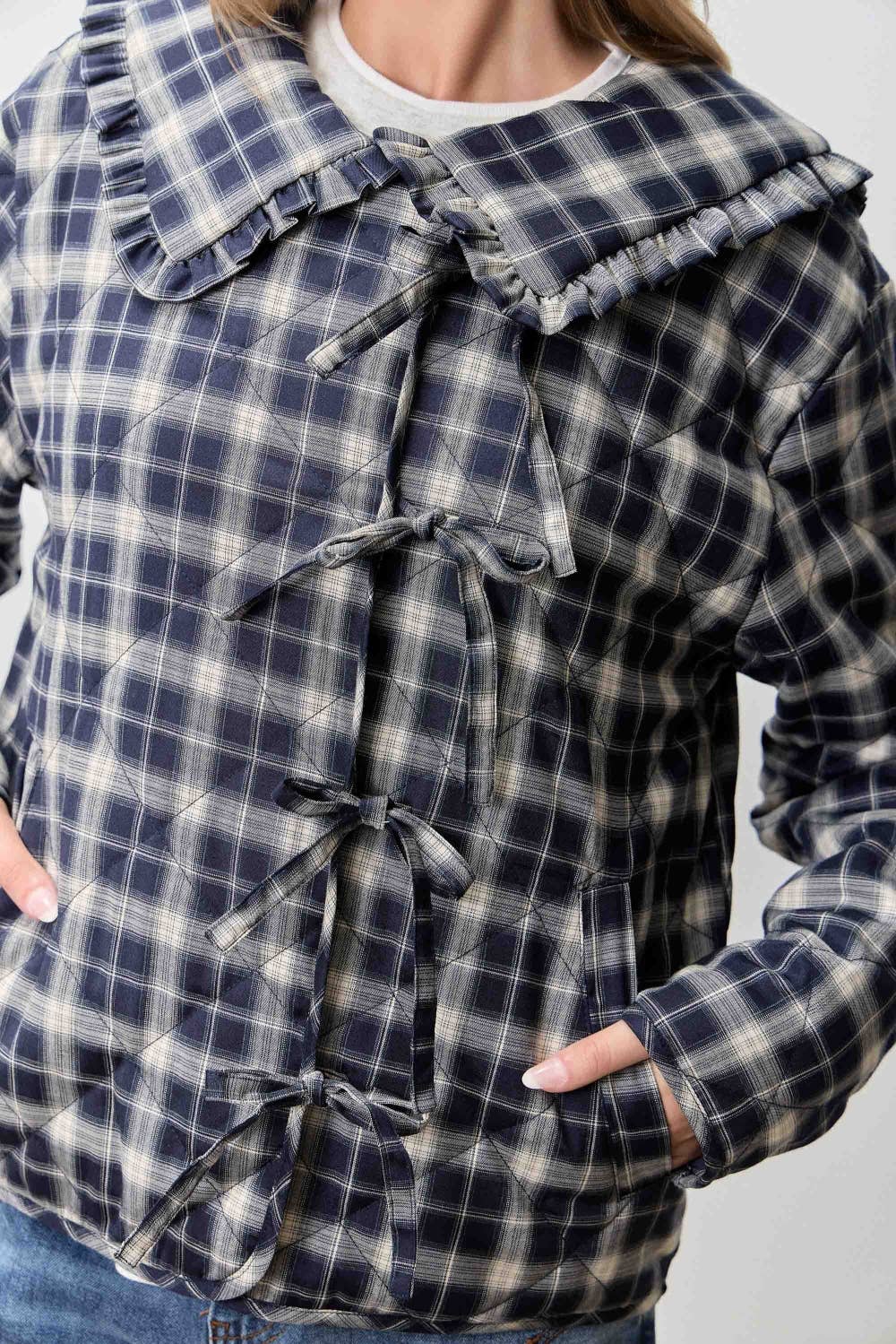 PLAID PRINT V NECK HALF SLEEVE PETER PAN COLLAR TOP SKIRT JACKET SET