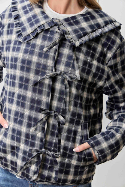 PLAID PRINT V NECK HALF SLEEVE PETER PAN COLLAR TOP SKIRT JACKET SET