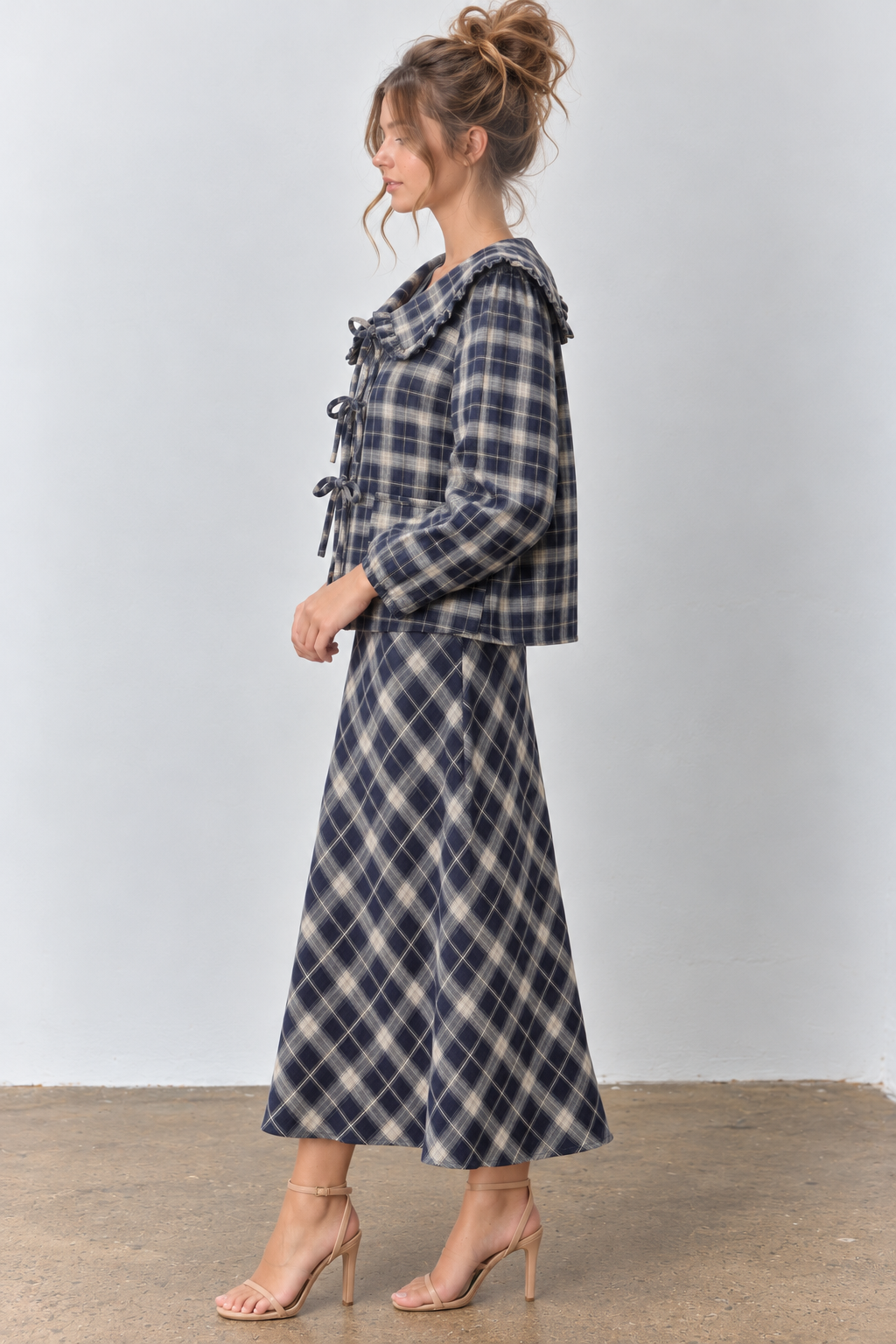 PLAID PRINT V NECK HALF SLEEVE PETER PAN COLLAR TOP SKIRT JACKET SET
