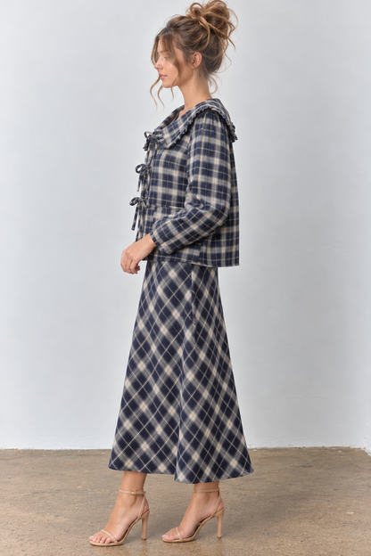 PLAID PRINT V NECK HALF SLEEVE PETER PAN COLLAR TOP SKIRT JACKET SET