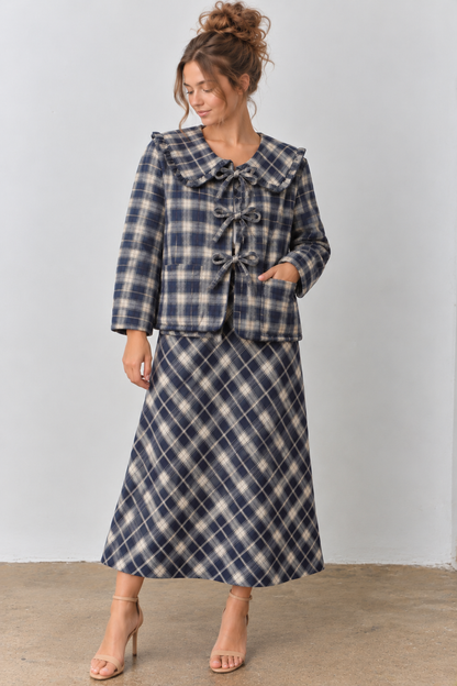 PLAID PRINT V NECK HALF SLEEVE PETER PAN COLLAR TOP SKIRT JACKET SET