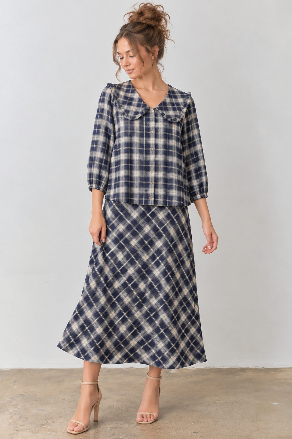 PLAID PRINT V NECK HALF SLEEVE PETER PAN COLLAR TOP SKIRT JACKET SET