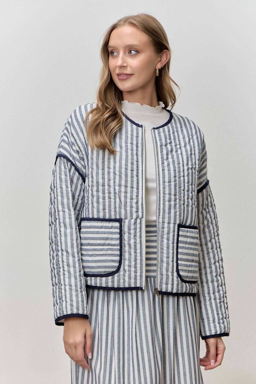 STRIPED COTTON TOP MIDI SKIRT SET NAVY