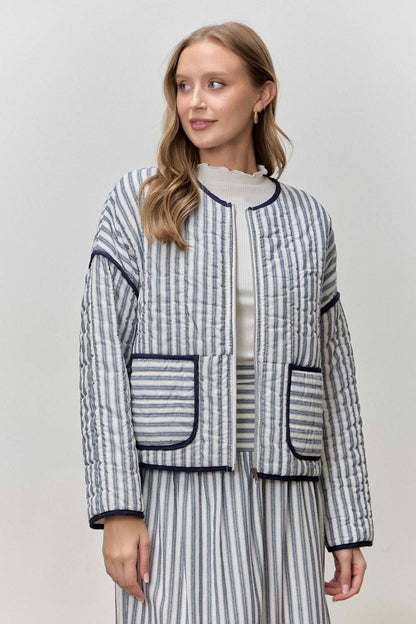 STRIPED COTTON TOP MIDI SKIRT SET NAVY