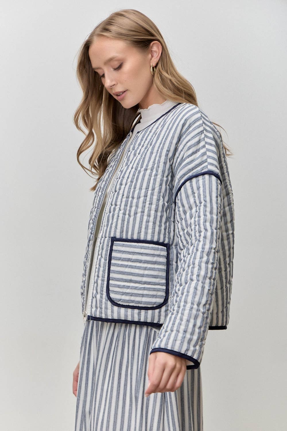 STRIPED COTTON TOP MIDI SKIRT SET NAVY