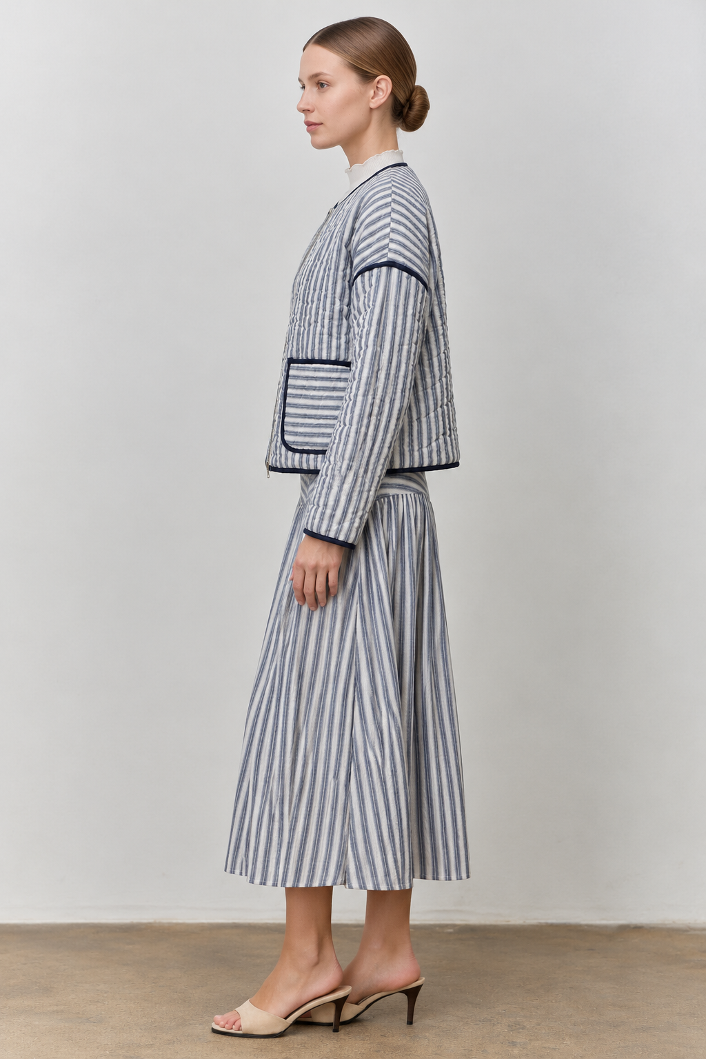 STRIPED COTTON TOP MIDI SKIRT SET NAVY