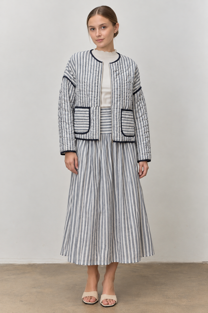 STRIPED COTTON TOP MIDI SKIRT SET NAVY