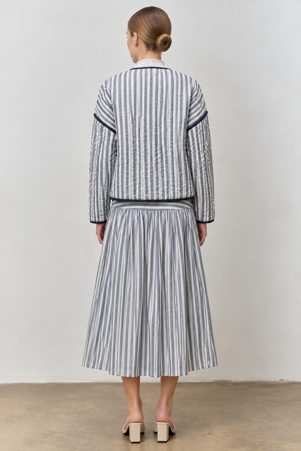 STRIPED COTTON TOP MIDI SKIRT SET NAVY