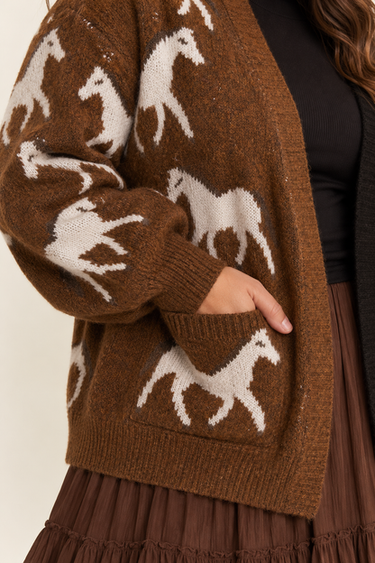 TWO TONE BROWN BLACK WHITE HORSE CARDIGAN
