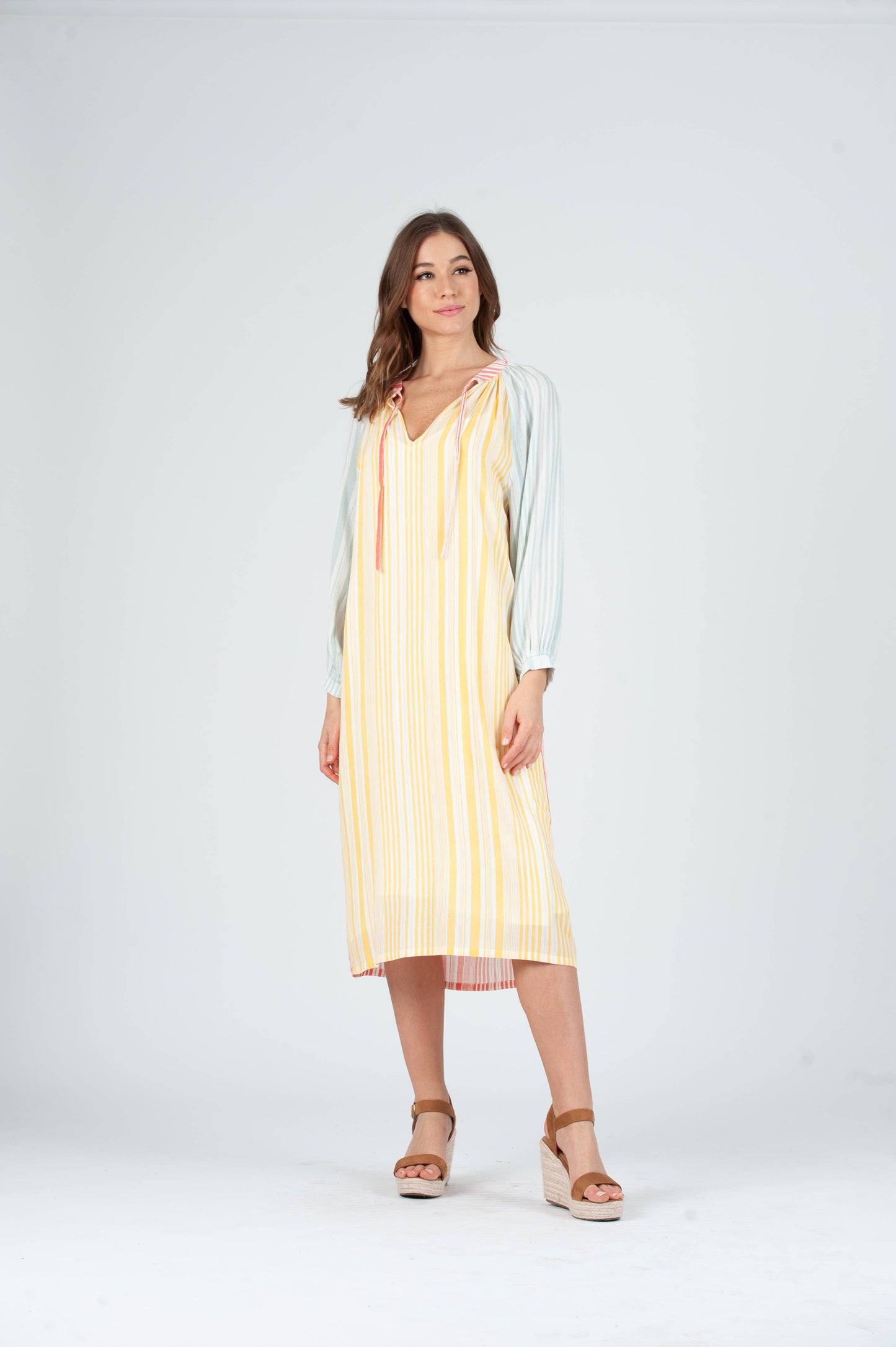 Blue Pink Yellow Multi Color Women's Striped Colorblock Midi Dress