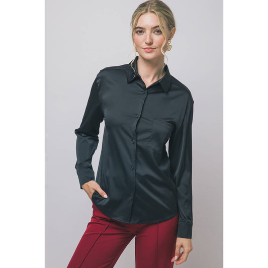 Satin Button-Down Shirt Blouse Black Brown