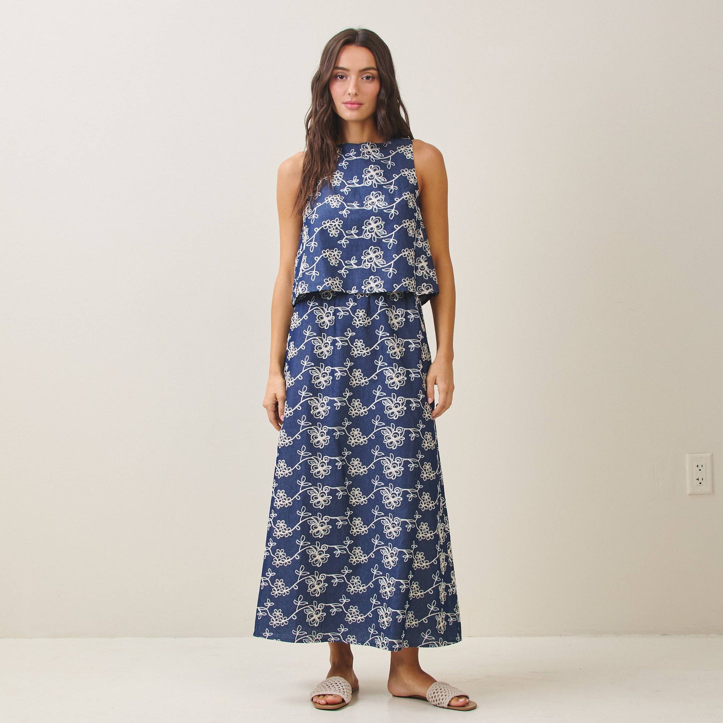 Embroidered Blue/White Top & Skirt Set