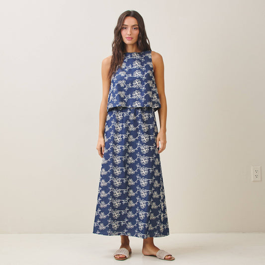 Embroidered Blue/White Top & Skirt Set