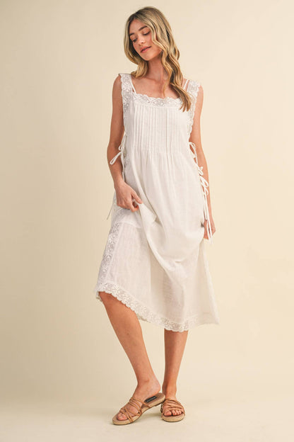 COTTON LACE TRIM SIDE TYING MIDI DRESS BLACK WHITE