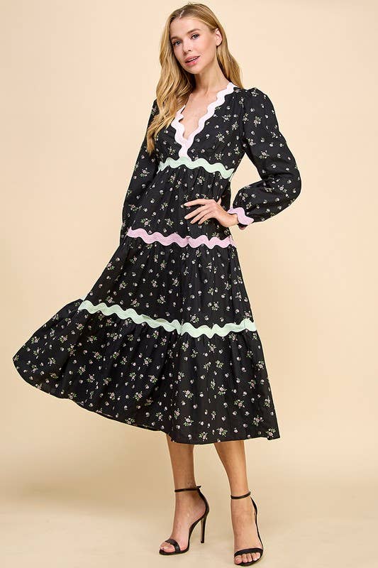 Floral Scalloped Ric Rac Detail Midi Dress