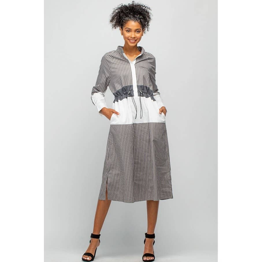 Pattern Blocked Dress with Drawstring