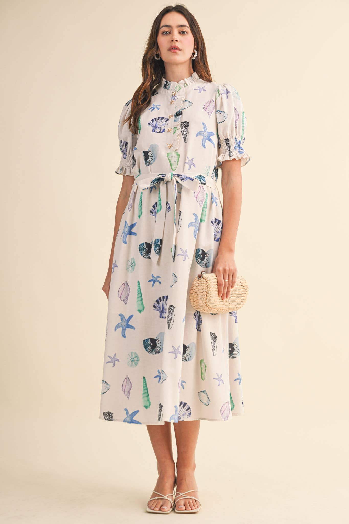 SEASHELL PRINT RUFFLE COLLAR BELTED MIDI DRESS