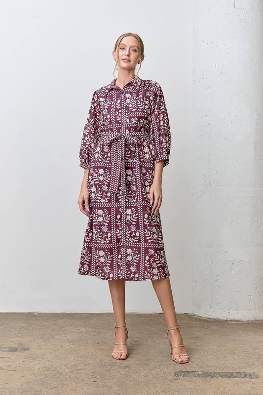 BORDER FLORAL PRINT MIDI DRESS