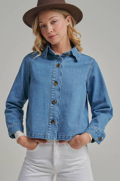 FALL DENIM BUTTON DOWN JACKET WITH SCALLOP EMBROIDERY COLLAR