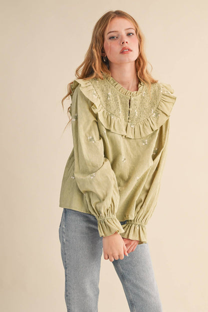 RUFFLED SMOCKED YOKE EMBROIDERED BLOUSE Multiple Color - PRE ORDER